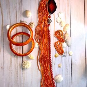 Orange Beaded necklace, earrings , bangles.